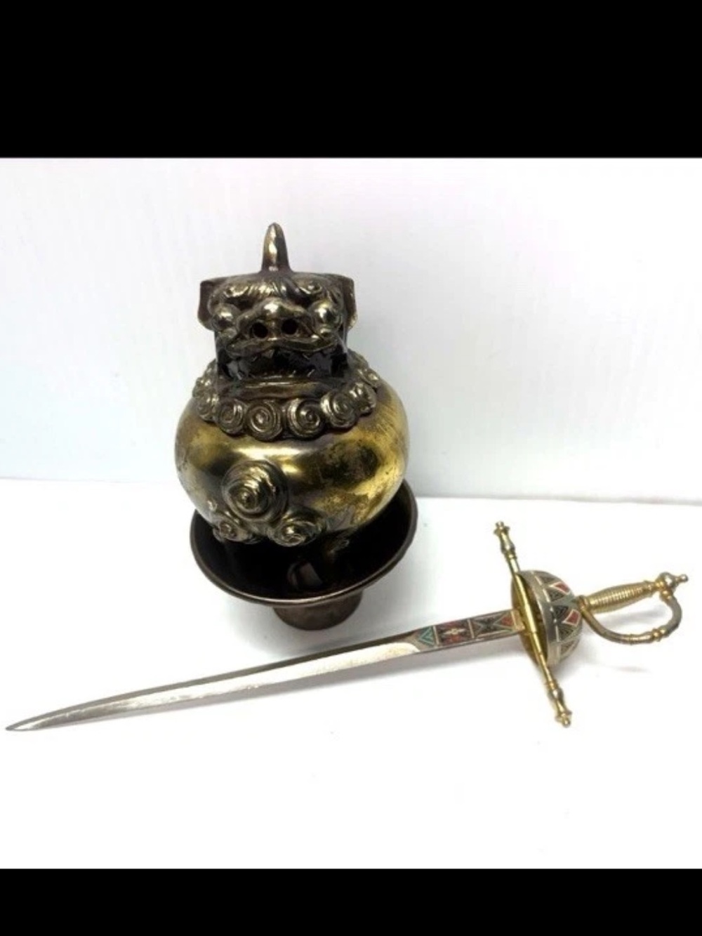 Vintage Foo Dog Brass Incense Burner Japan w/ Toledo Letter Opener From Spain